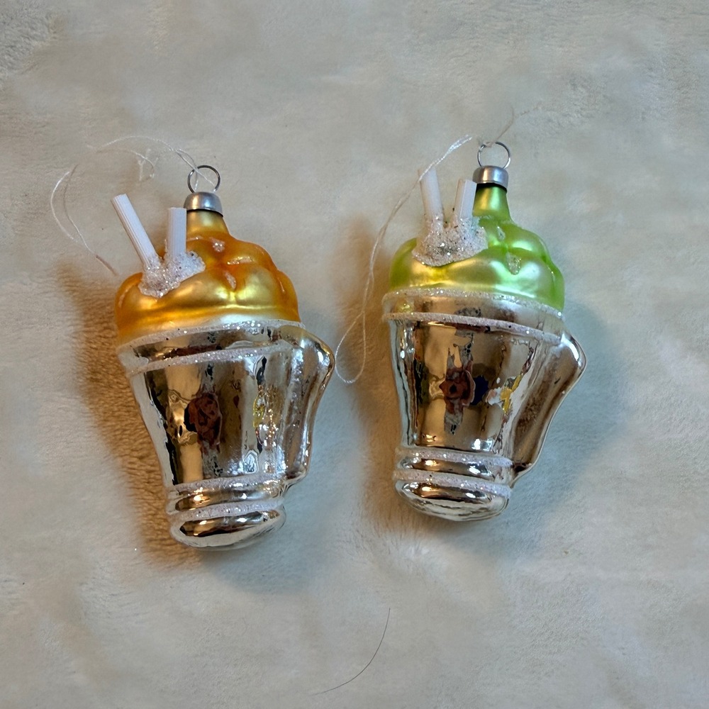 Glass Milkshake Ice Cream Soda Christmas Ornaments Set of 2 Green Gold Retro
